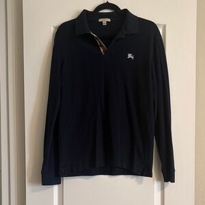 Burberry Navy Long Sleeve Polo with Icon Embroidery